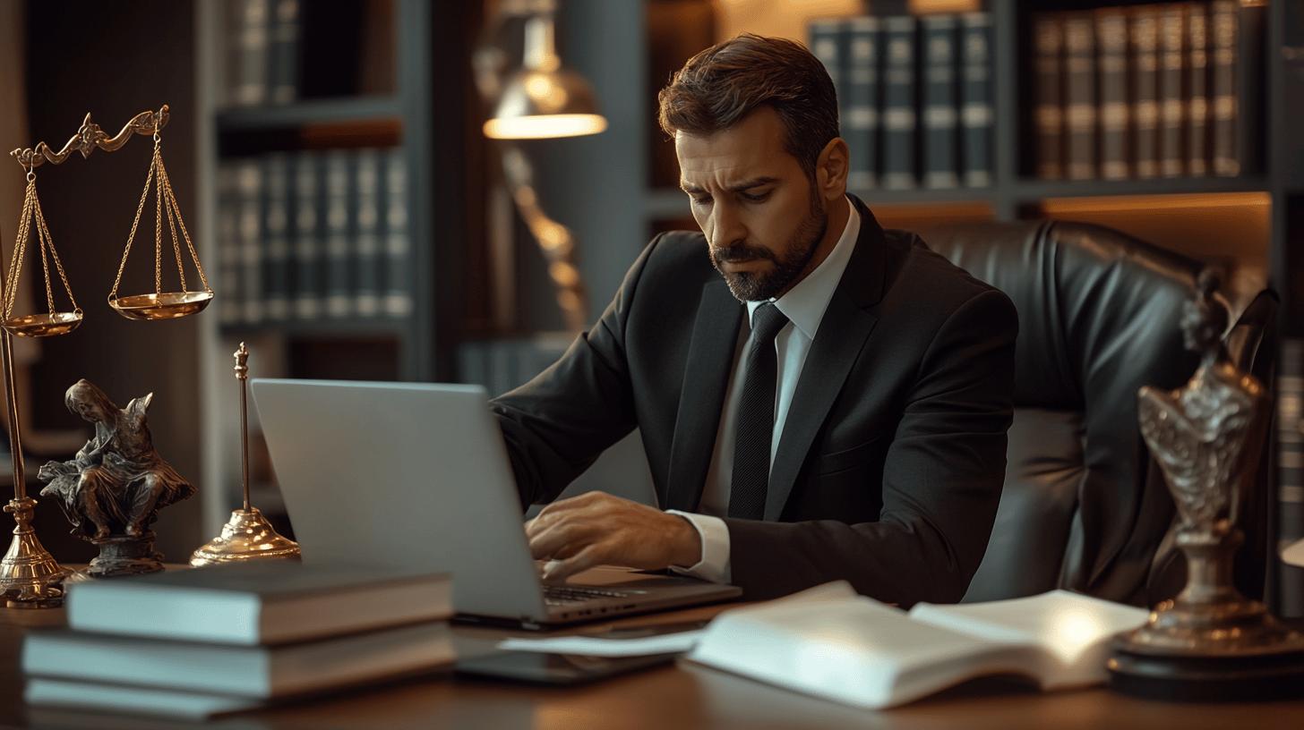Un avocat travaillant sur un ordinateur portable dans un bureau élégant, entouré de livres juridiques et d'éléments de droit