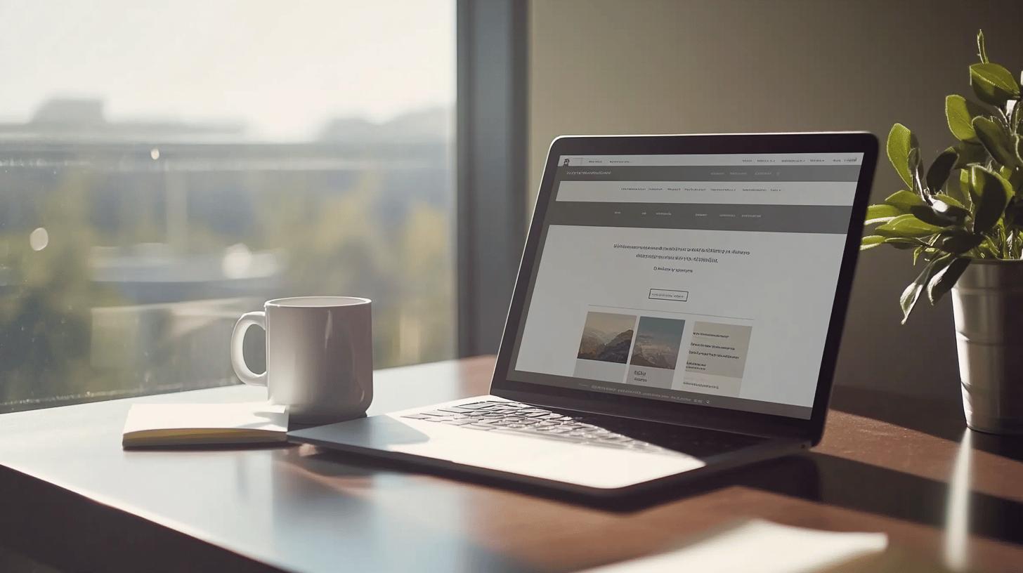 Ordinateur portable et café sur un bureau, illustrant des stratégies marketing pour les avocats