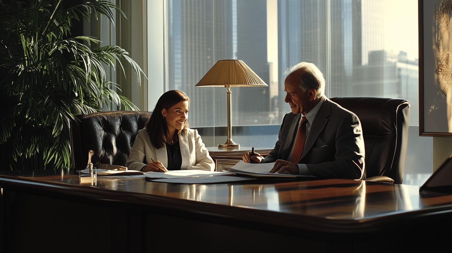 Professionnels du droit en réunion dans un bureau, discutant de stratégies marketing pour attirer de nouveaux clients avocats.