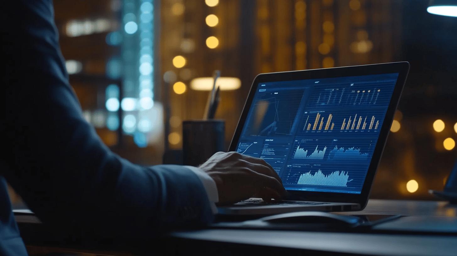 Un professionnel analysant des données marketing sur un ordinateur portable dans un environnement de bureau moderne, illustrant des graphiques et des analyses.